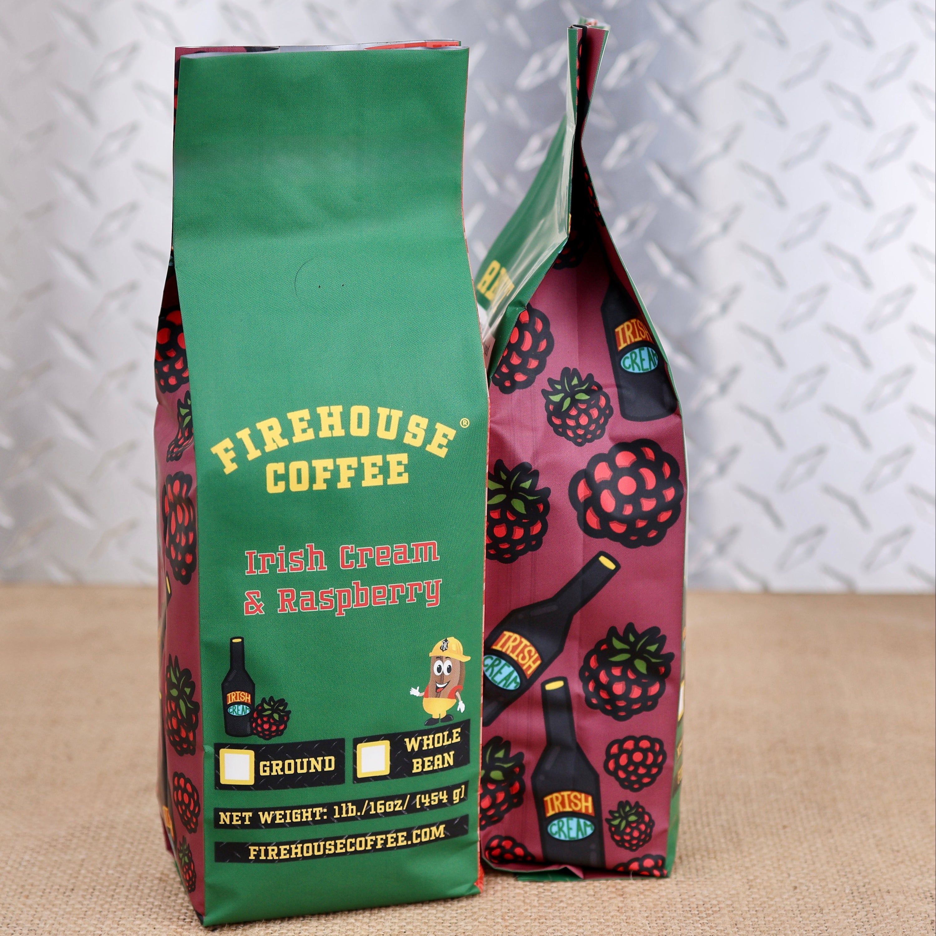 1 lb Irish Cream and Raspberry Flavored Coffee bag with whole bean and ground options by Firehouse Coffee