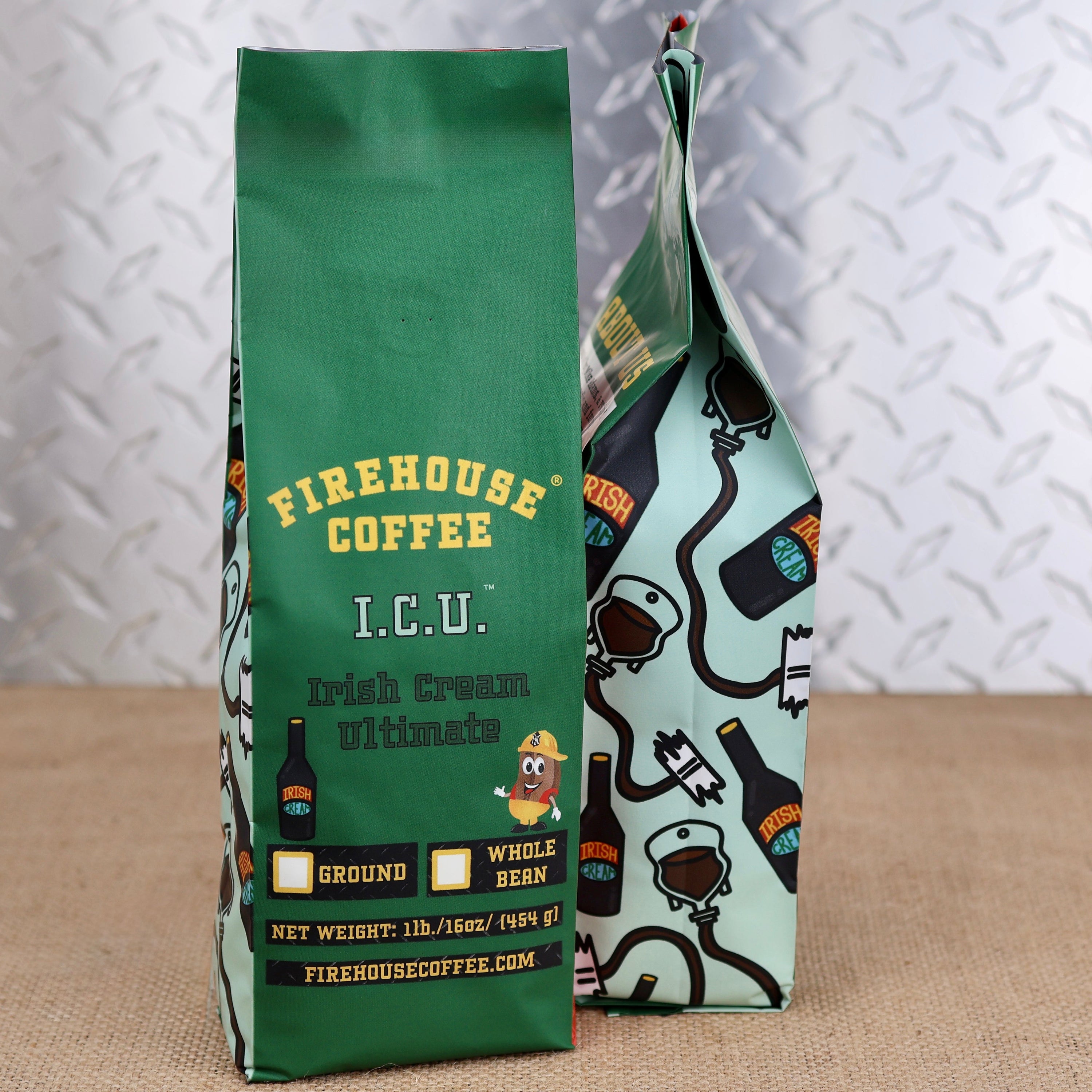 Firehouse Coffee ICU Irish Cream flavored coffee 1 lb bag with rich, smooth Irish cream flavor, available ground or whole bean