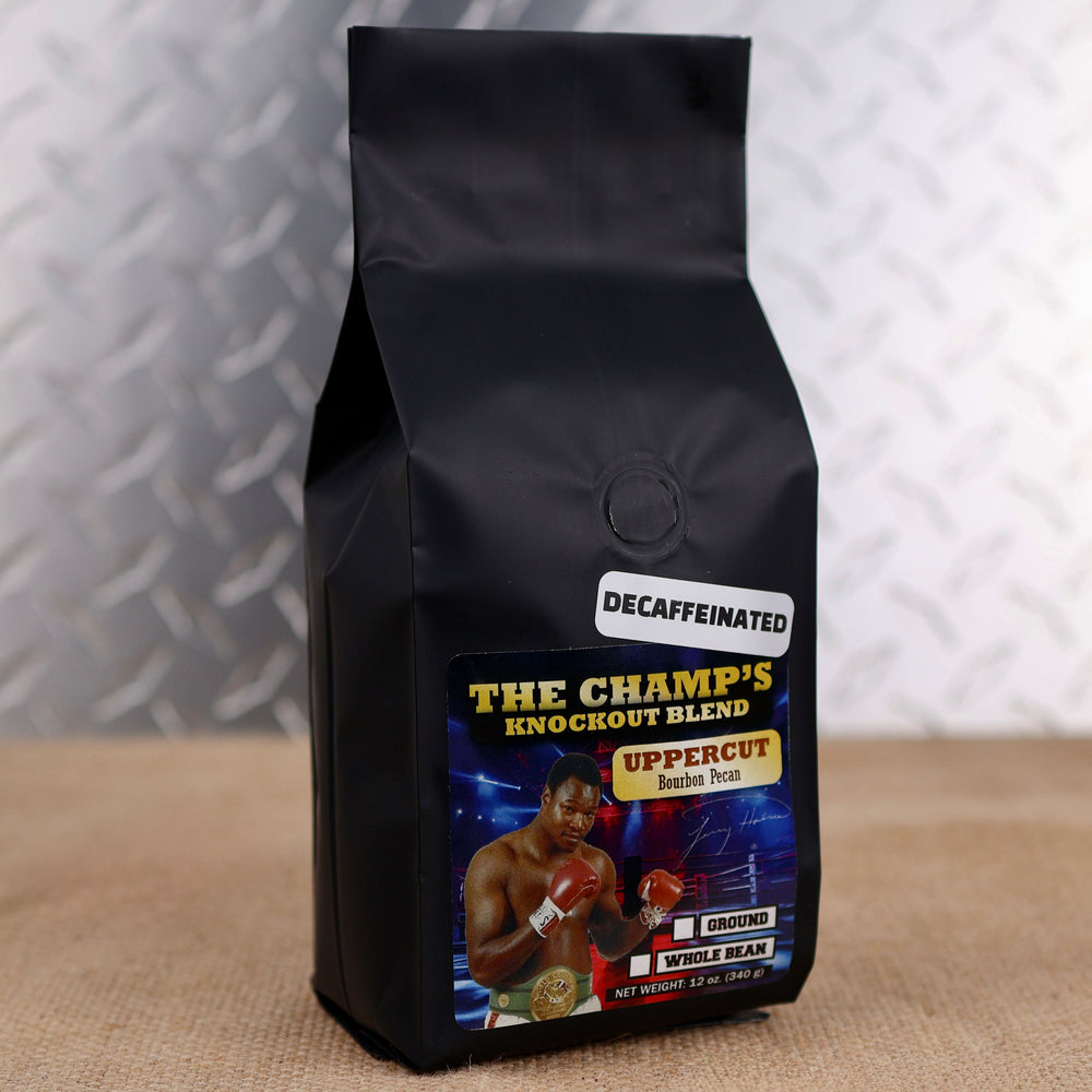 Firehouse Coffee Larry Holmes Left Jab Decaf Bourbon Pecan flavored coffee featuring boxing legend Larry Holmes on the label, available in whole bean or ground in a 12 oz bag.