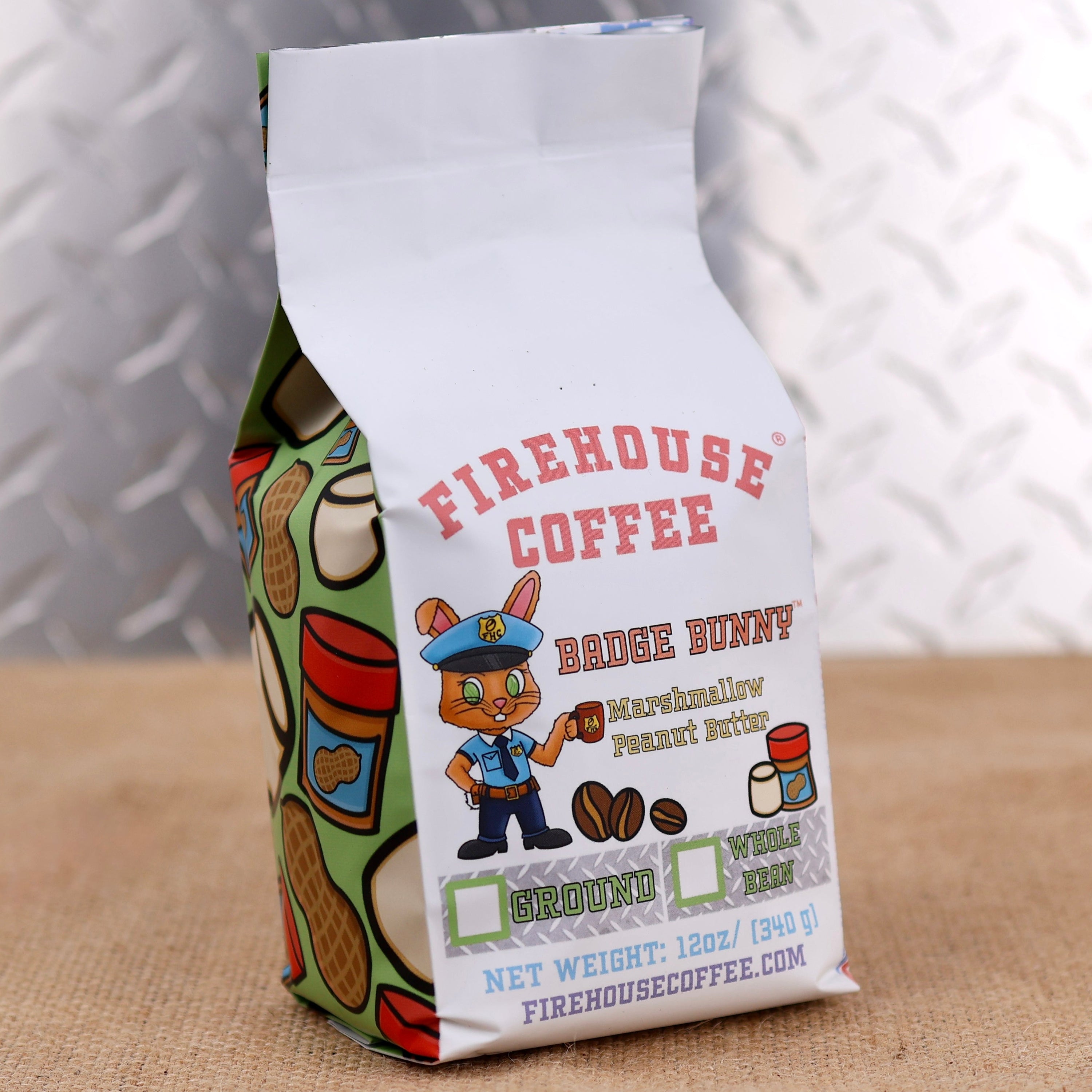 Firehouse Coffee Badge Bunny Marshmallow Peanut Butter flavored coffee with sweet marshmallow and creamy peanut butter flavors, available in ground or whole bean.
