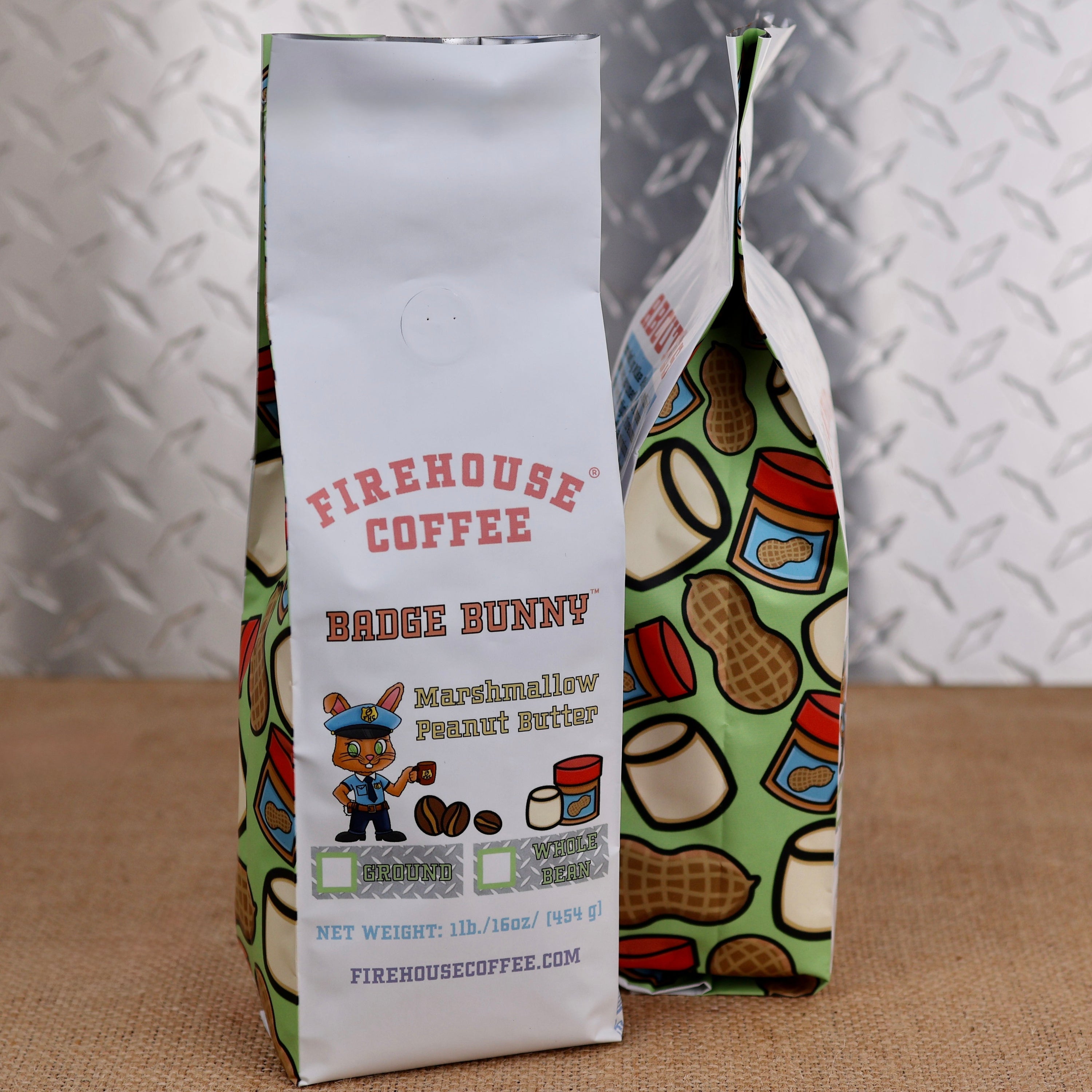 Firehouse Coffee Badge Bunny Marshmallow Peanut Butter flavored coffee in a 1 lb bag, available ground or whole bean.