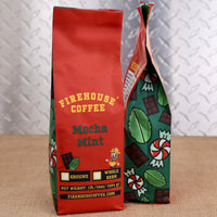 Firehouse Coffee Mocha Mint flavored coffee in a 1 lb bag, available ground or whole bean, featuring rich chocolate and refreshing mint flavor.