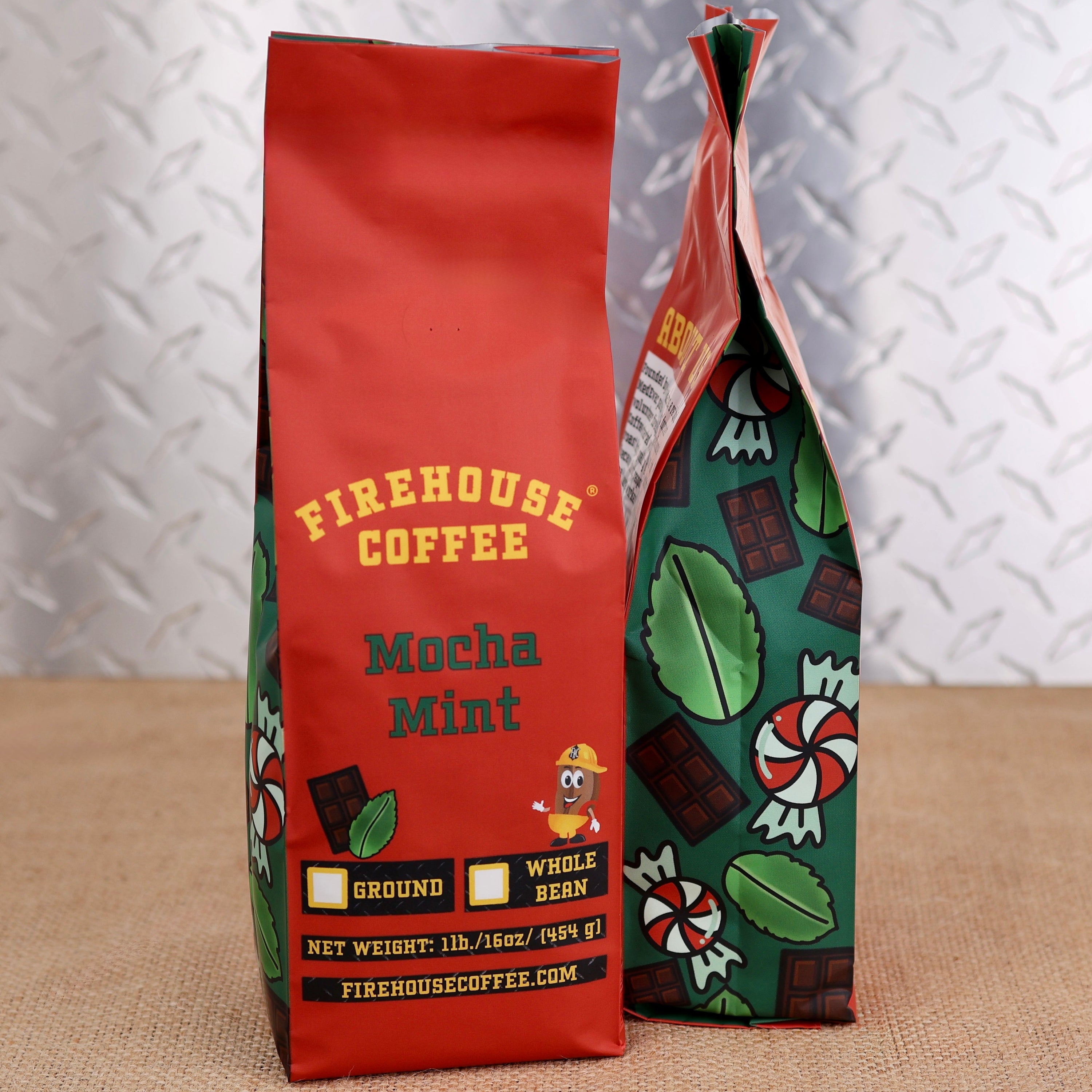 Firehouse Coffee Mocha Mint flavored coffee in a 1 lb bag, available ground or whole bean, featuring rich chocolate and refreshing mint flavor.