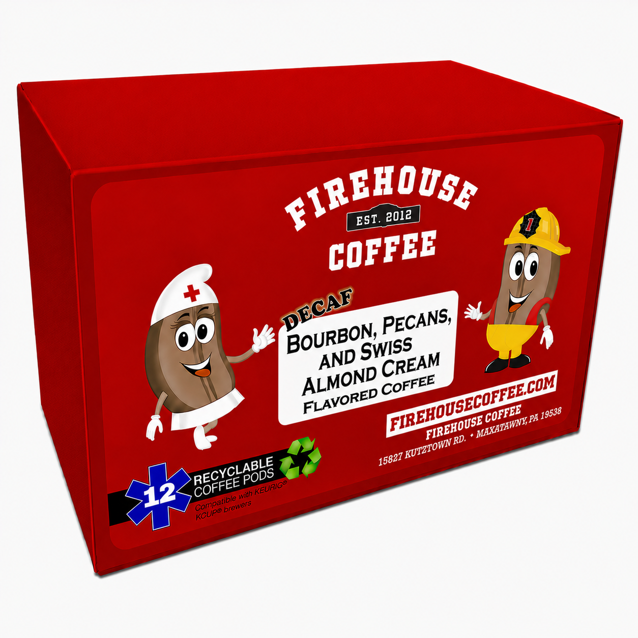 Firehouse Coffee Nana's Hot Toddy Decaf 12 Count K-Cups with bourbon-inspired flavor, toasted pecans, Swiss almond cream, and Swiss Water Process decaffeinated Arabica coffee