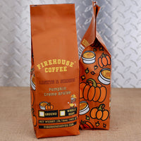 Firehouse Coffee Lights & Sirens Pumpkin Crème Brûlée flavored coffee 1 lb bag with pumpkin and crème brûlée artwork, available ground or whole bean.