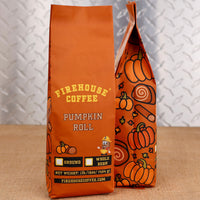 Firehouse Coffee Pumpkin Roll flavored coffee 1 lb bag with pumpkin and cinnamon roll artwork, available ground or whole bean.