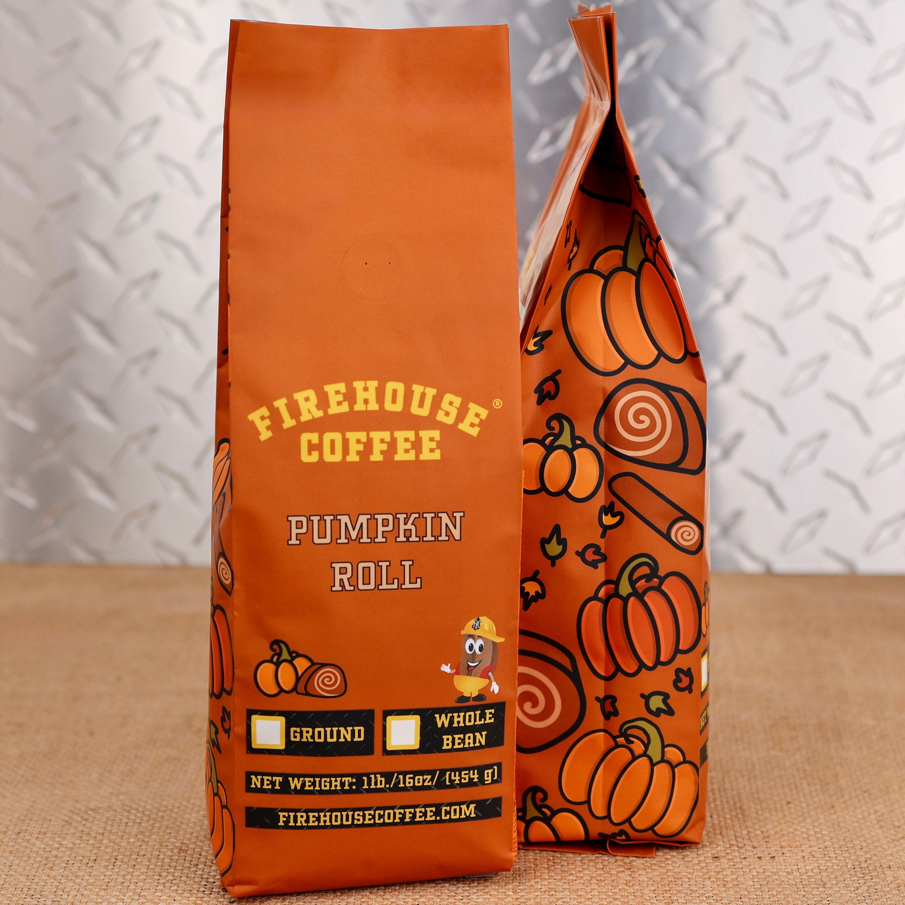 Firehouse Coffee Pumpkin Roll flavored coffee 1 lb bag with pumpkin and cinnamon roll artwork, available ground or whole bean.