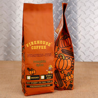 Firehouse Coffee Pumpkin-itis Pumpkin Spice flavored coffee 1 lb bag with pumpkin and cinnamon artwork, available ground or whole bean.