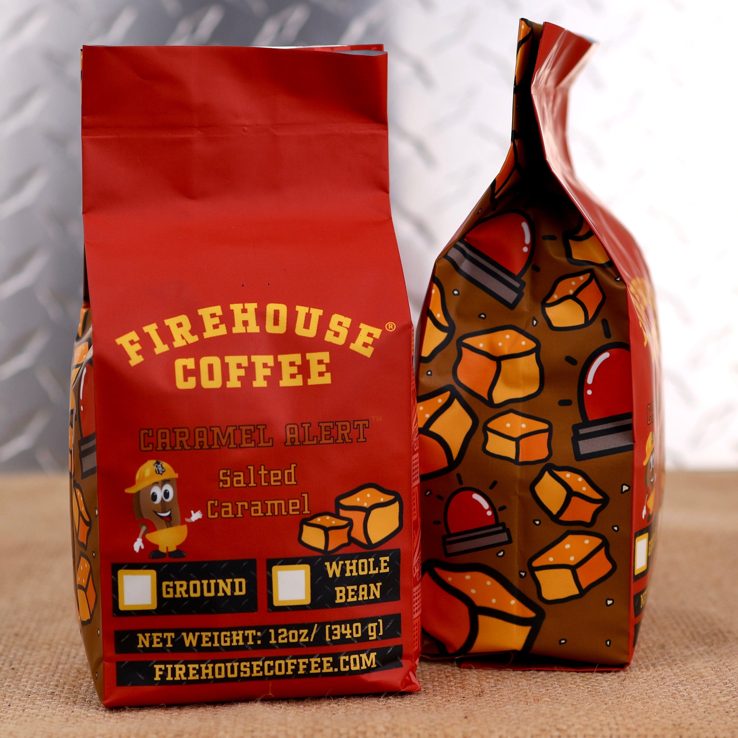 Firehouse Coffee Salted Caramel Flavored Coffee – smooth, sweet salted caramel flavored coffee available in whole bean or ground, freshly roasted and packaged in a 12 oz bag.