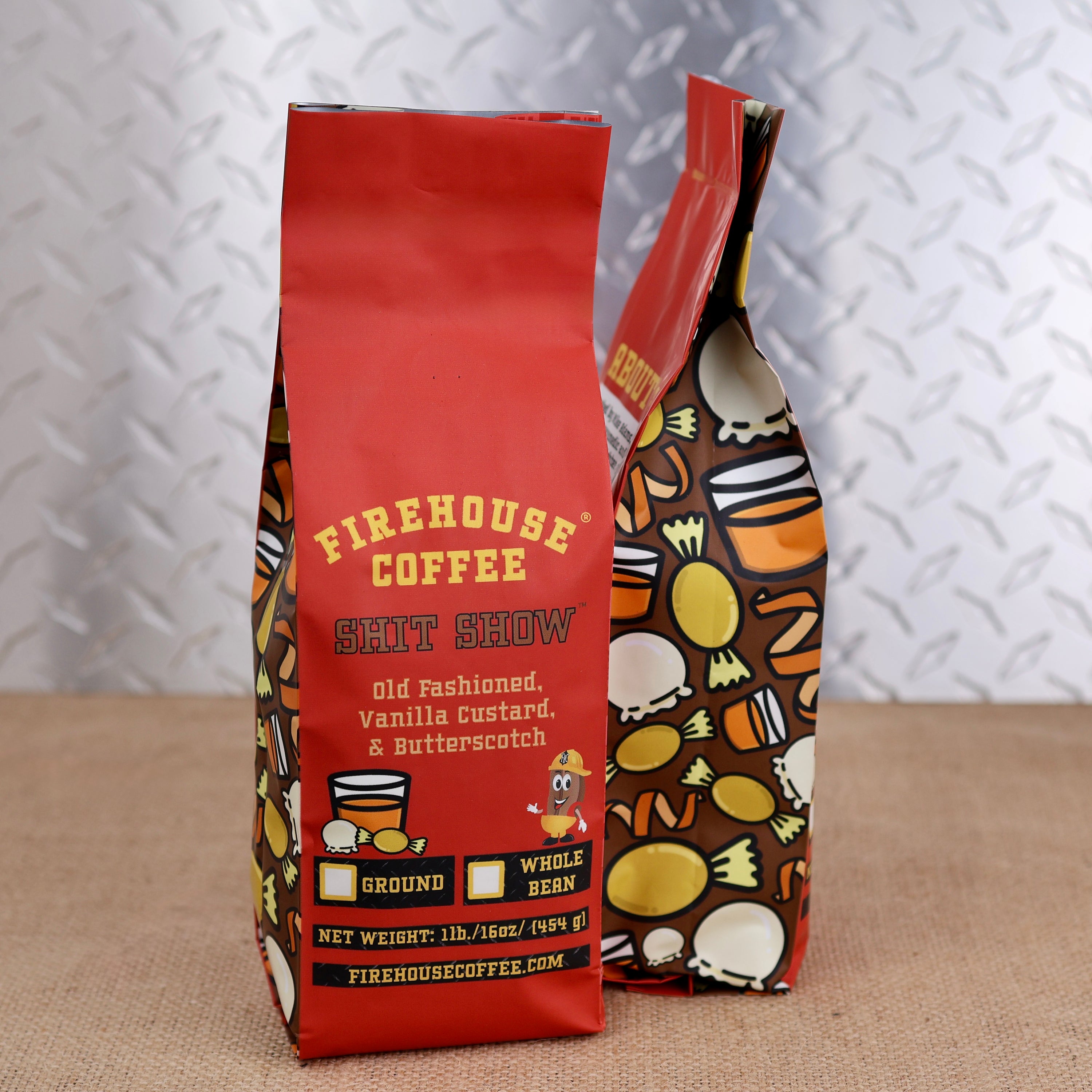 Firehouse Coffee Shit Show flavored coffee 1 lb bag with old-fashioned vanilla custard and butterscotch flavors, available ground or whole bean