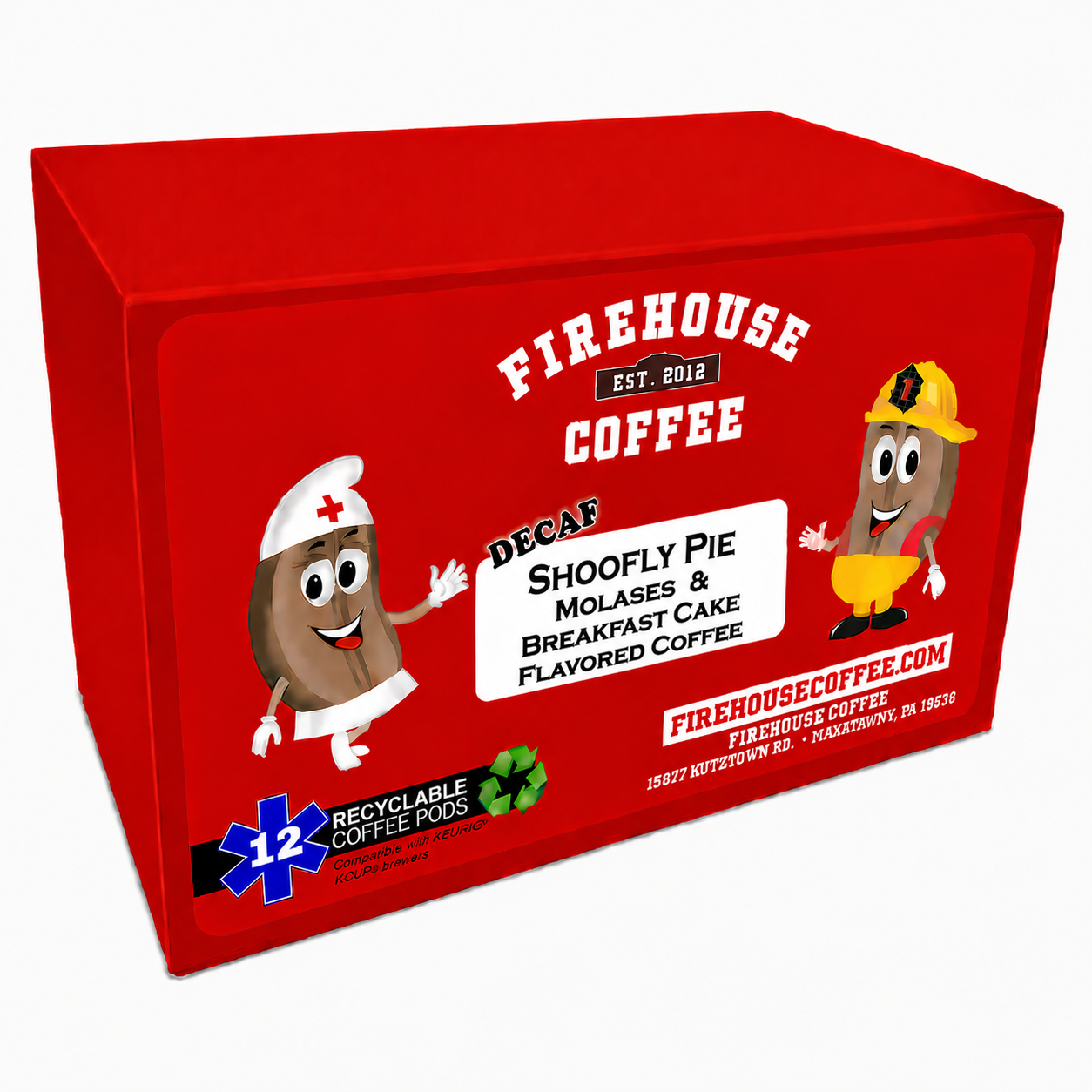 Shoofly Pie Decaf Flavored Coffee K-Cups® by Firehouse Coffee featuring Swiss Water® decaffeinated Arabica coffee with rich molasses, brown sugar, cinnamon, and buttery pie crust flavors inspired by the classic Pennsylvania Dutch dessert.