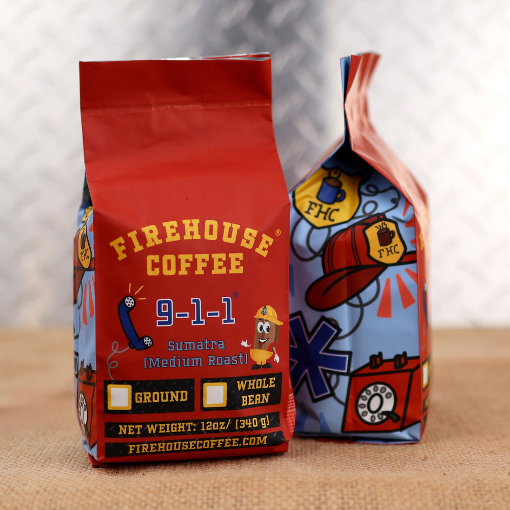 911 Coffee is our Sumatra Medium Roast Coffee with a first responder themed bag with a star of life, fire helmet, police badge, and telephone.  