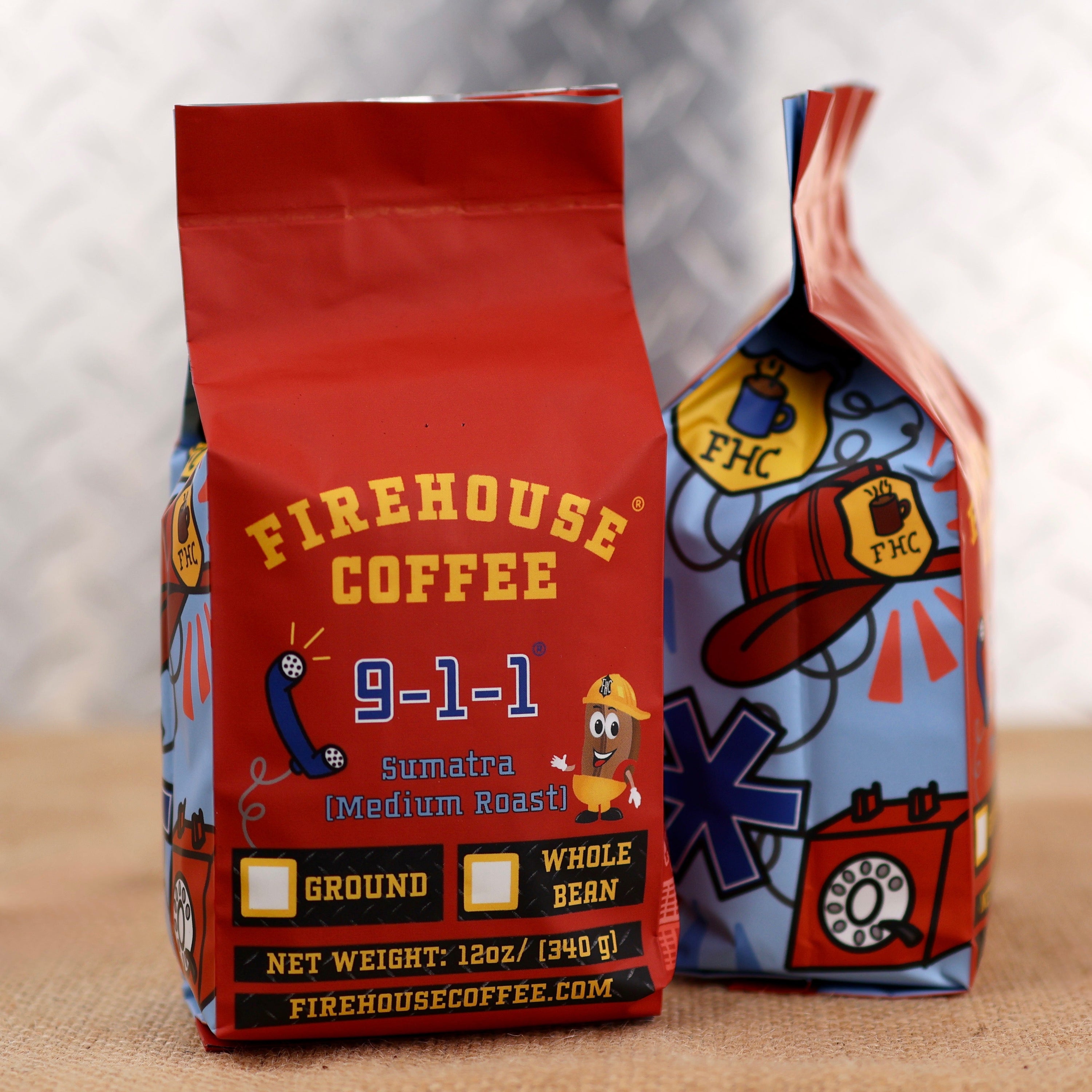 911 Coffee is our Sumatra Medium Roast Coffee with a first responder themed bag with a star of life, fire helmet, police badge, and telephone.  