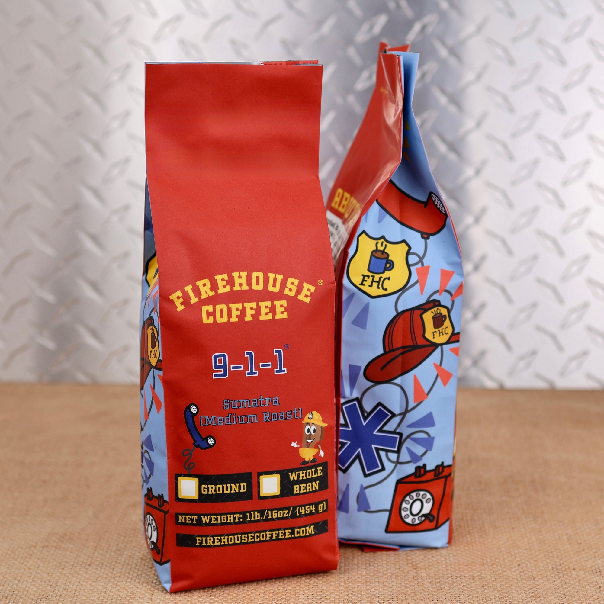 Firehouse Coffee 9-1-1 Sumatra medium roast coffee 1 lb bag with emergency phone, firefighter helmet and EMS artwork, available ground or whole bean.