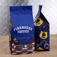 Firehouse Coffee Cop Colombian Dark Roast whole bean or ground coffee featuring a police-themed coffee bag. Freshly roasted Colombian coffee with a full body, cocoa notes, caramel sweetness, and a clean, low-acid finish.