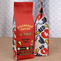 Firehouse Coffee VTach Espresso Roast 1 lb coffee bag, a bold espresso blend of Brazilian, Kenyan, and Guatemalan Arabica coffee beans.