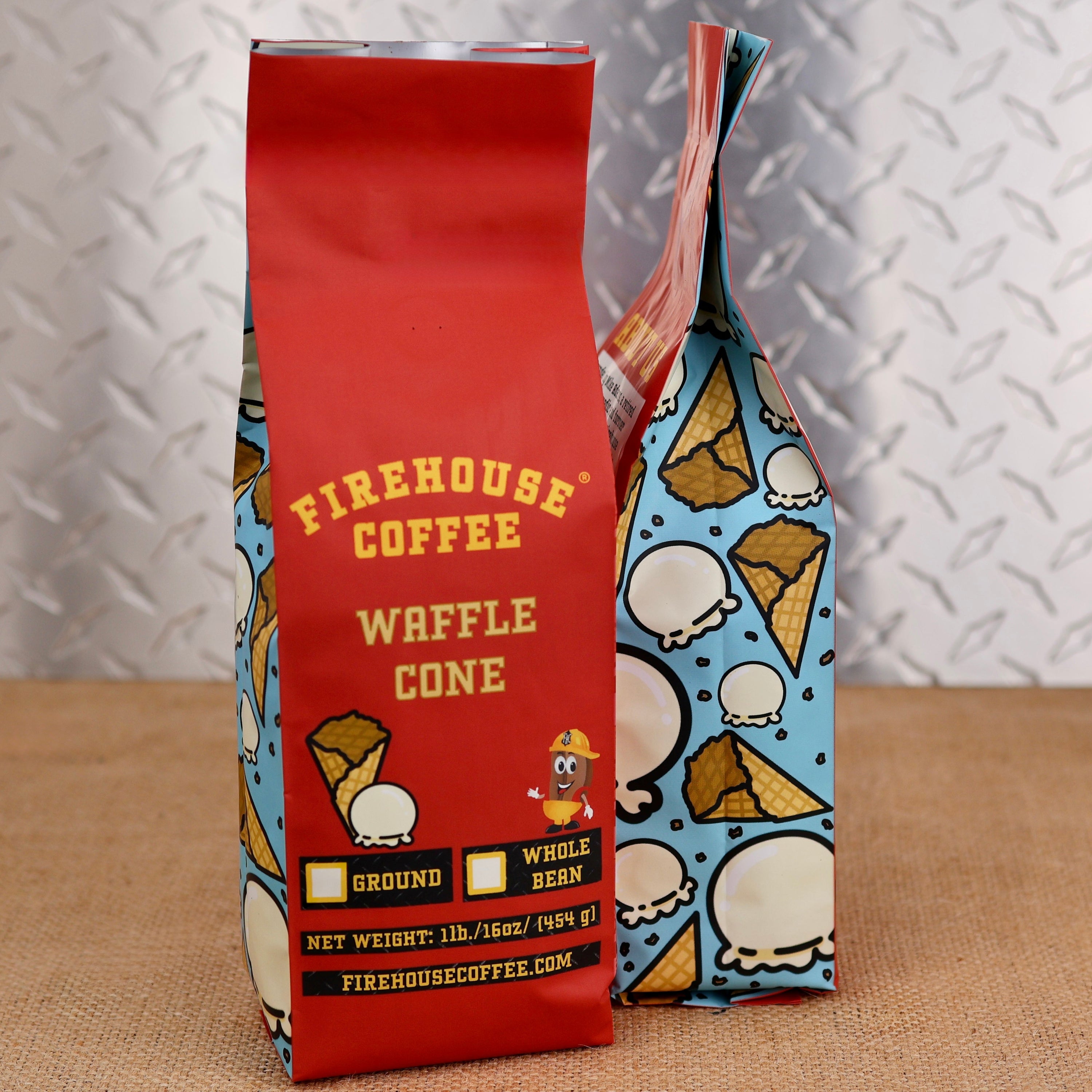 Firehouse Coffee Waffle Cone flavored coffee in a 1 lb bag, available ground or whole bean, featuring sweet vanilla bean and brown sugar flavor.