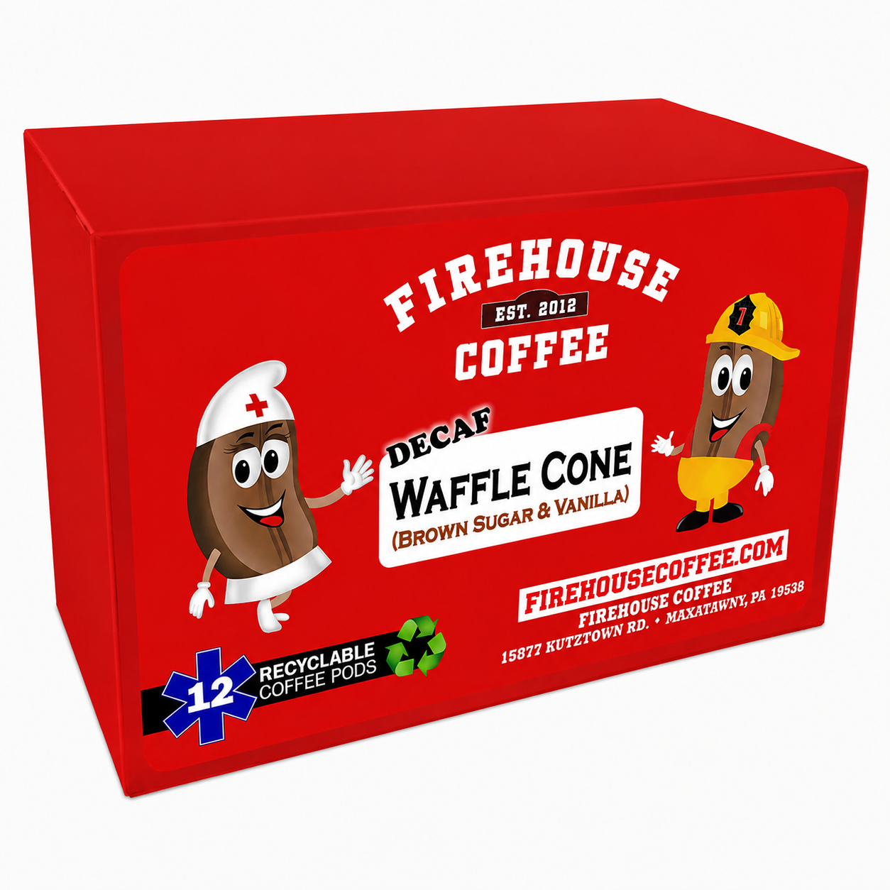 Firehouse Coffee Decaf Waffle Cone Flavored Coffee with brown sugar and vanilla flavors, made from Swiss Water® Process decaffeinated Arabica coffee and freshly roasted in small batches.