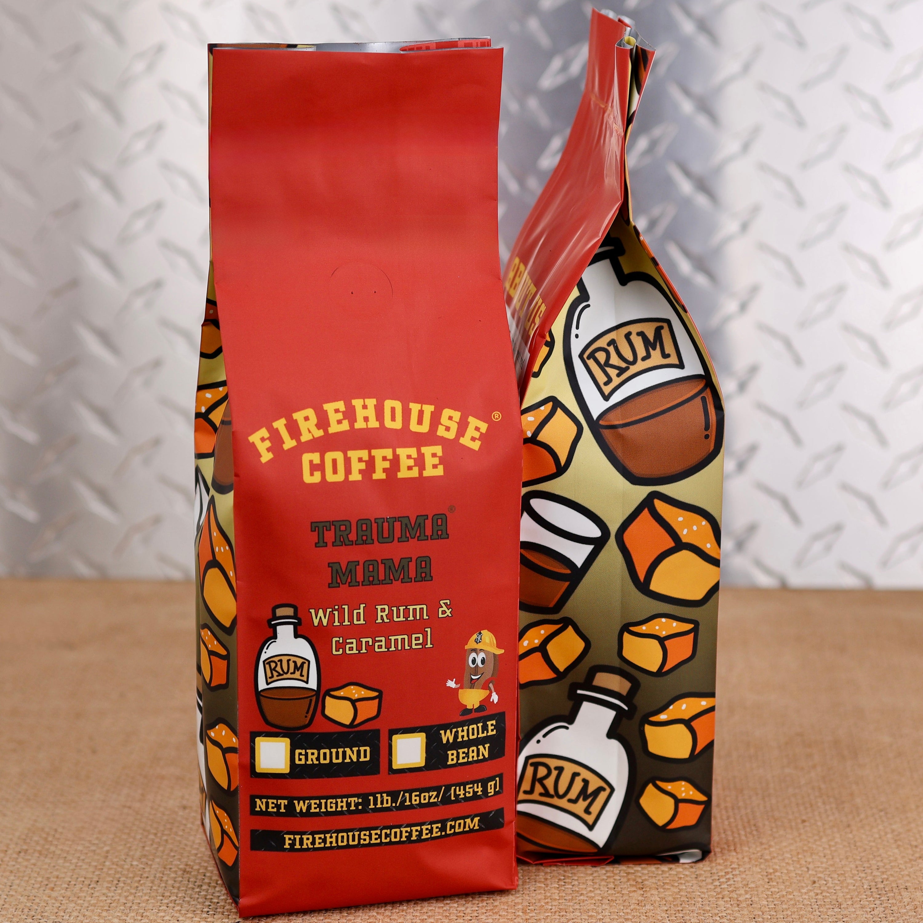 1 lb Trauma Mama Wild Rum and Caramel Flavored Coffee bag with whole bean and ground options by Firehouse Coffee