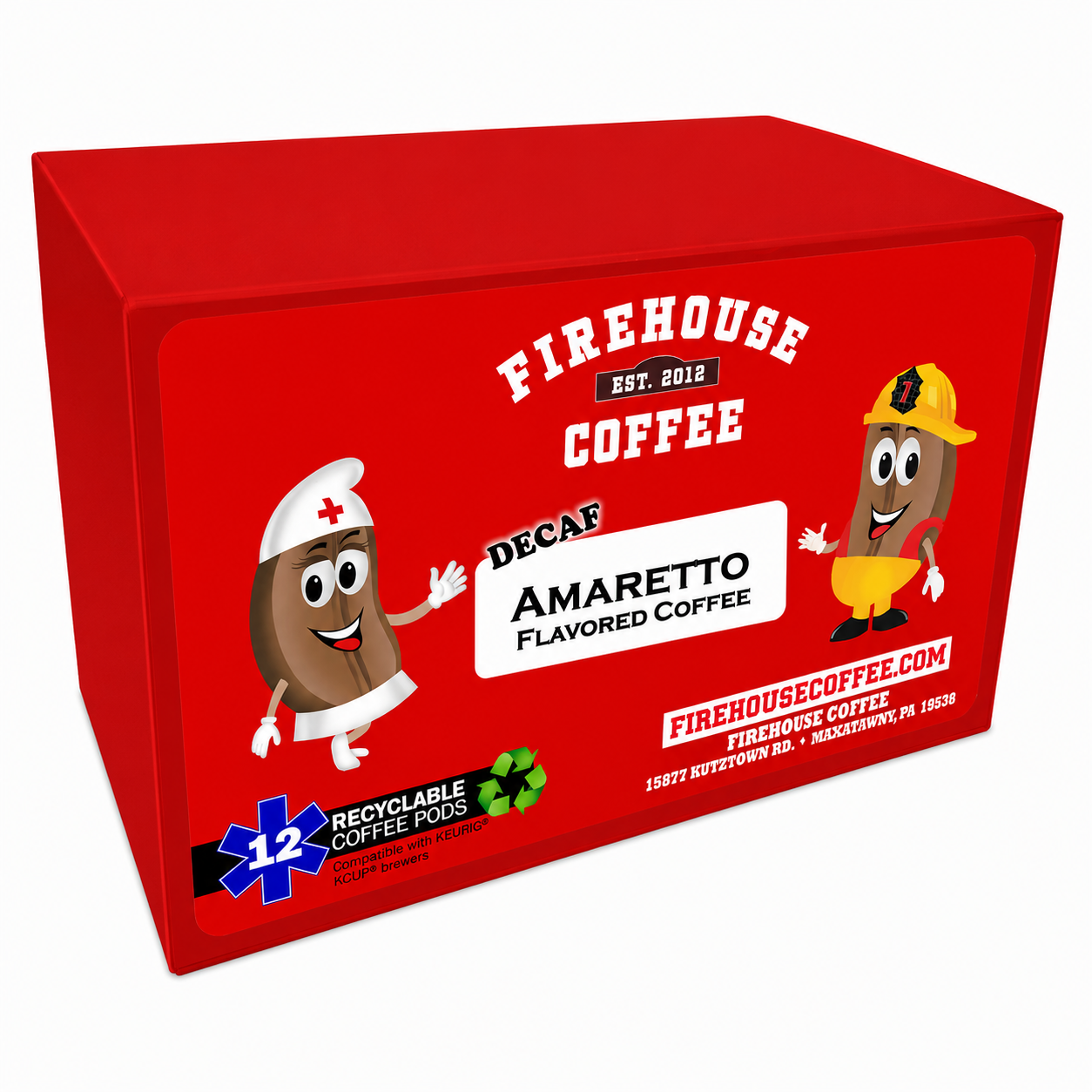 Firehouse Coffee Decaf Amaretto Flavored Coffee K-Cups made with Swiss Water® Process decaffeinated Arabica coffee featuring sweet almond, vanilla, and rich amaretto flavor in 12 recyclable coffee pods.