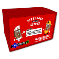 Capt. Caramel™ Decaf Crème Brûlée Rum & Caramel Flavored Coffee K-Cups® by Firehouse Coffee featuring Swiss Water® decaffeinated Arabica coffee with rich caramel, creamy vanilla custard, and dark Jamaican rum flavor in Keurig® compatible single-serve coffee pods.