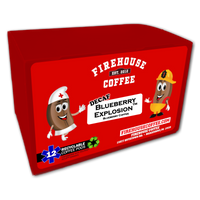 Firehouse Coffee Blueberry Explosion™ Decaf Blueberry Coffee K-Cups featuring Swiss Water® Process decaffeinated Arabica coffee with ripe blueberry and French vanilla cream flavor in 12 recyclable coffee pods.