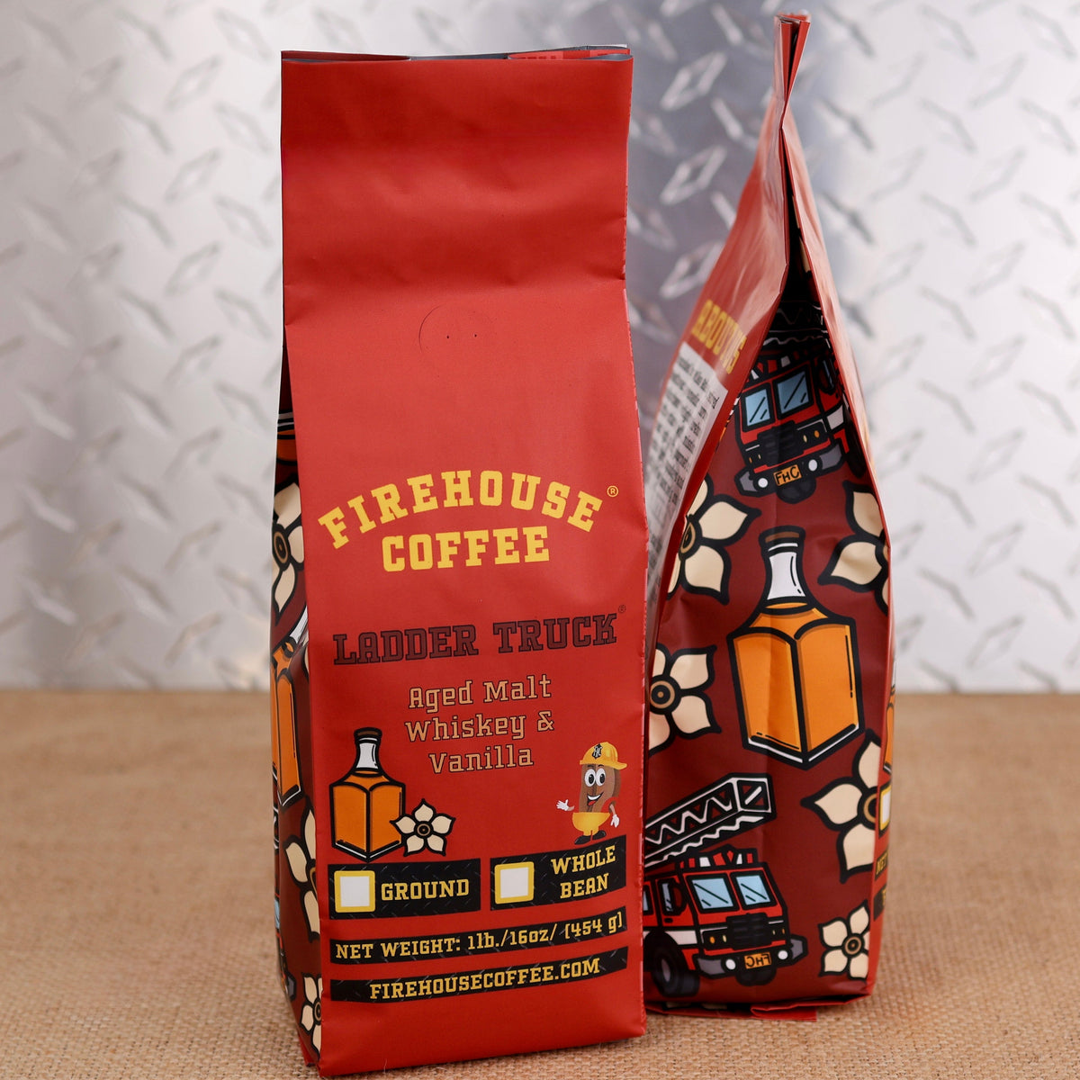1 lb Ladder Truck Aged Malt Whiskey and Vanilla Flavored Coffee bag with whole bean and ground options by Firehouse Coffee
