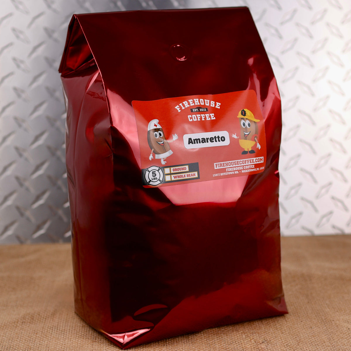 Five-pound bag of Amaretto Flavored Coffee with almond and cherry flavor notes.