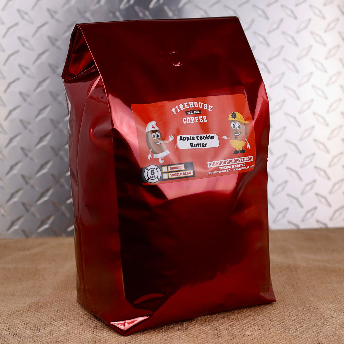 Five-pound bag of Apple Cookie Butter Flavored Coffee with baked apple, cinnamon and creamy cookie butter flavors.