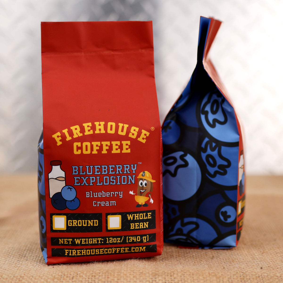 Blueberry Cream Flavored Coffee with a bag design of Blueberries on the side. 