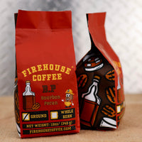 BP Bourbon Pecan Flavored Coffee by Firehouse Coffee featuring rich bourbon flavor, buttery roasted pecans, fresh roasted Arabica coffee beans, and firefighter-owned craftsmanship.
