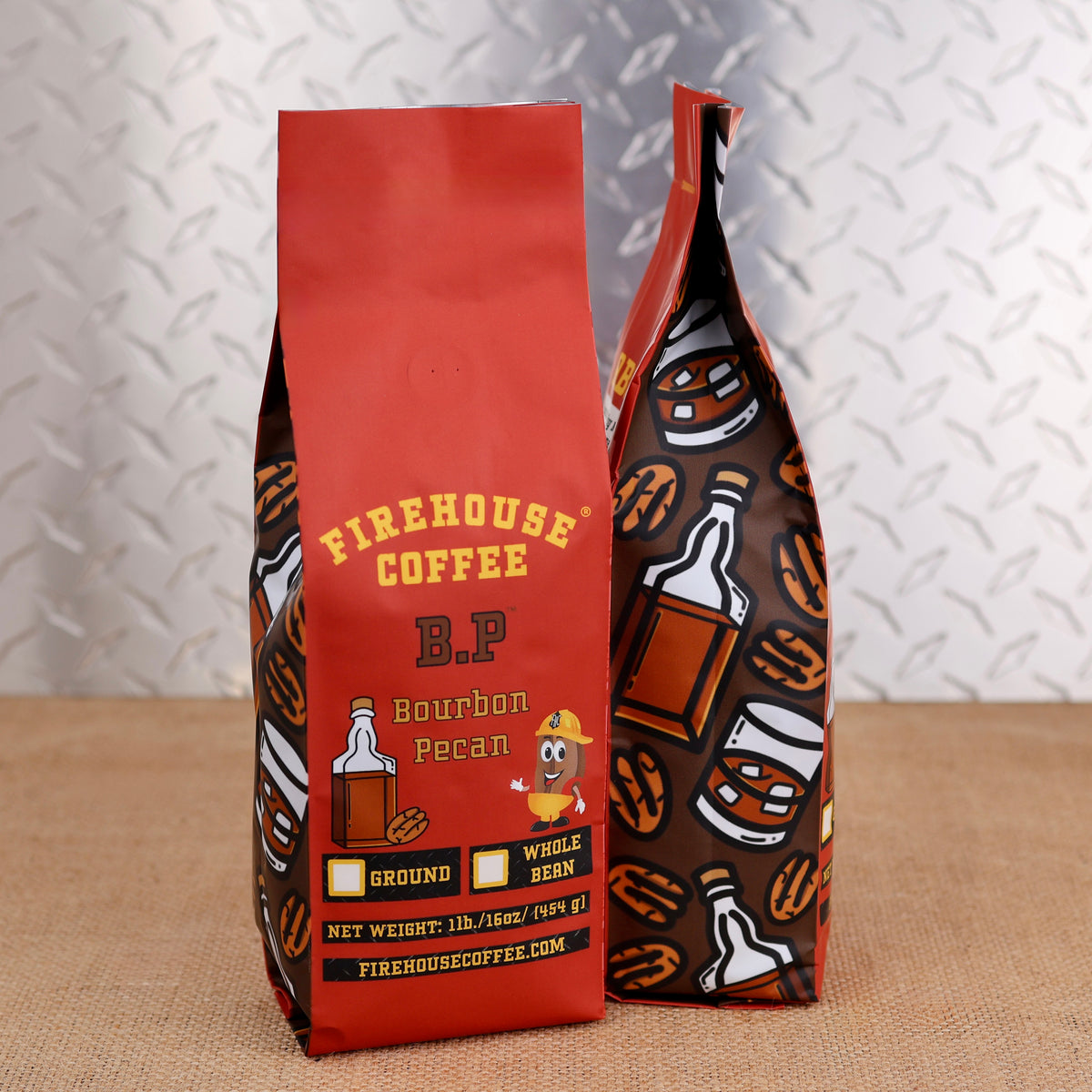 Firehouse Coffee BP Bourbon Pecan flavored coffee 1 lb bag, rich bourbon and roasted pecan flavor, available ground or whole bean