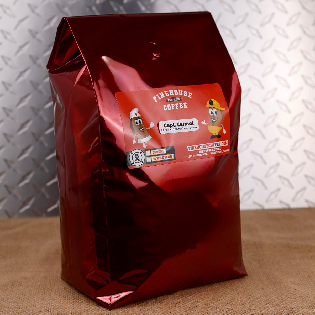Five-pound bag of Captain Caramel™ Caramel and Rum Crème Brûlée Flavored Coffee with buttery caramel and creamy custard flavors.