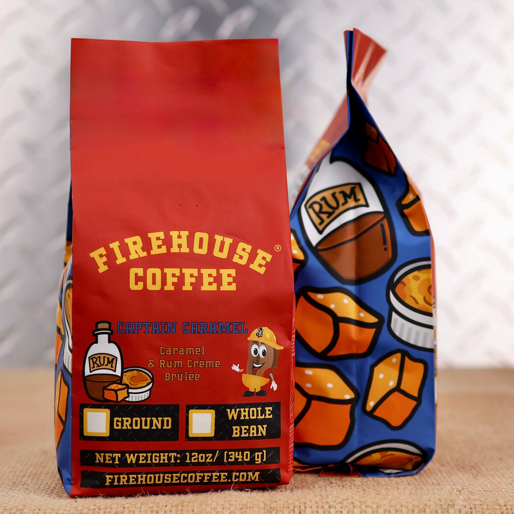 Firehouse Coffee Captain Caramel caramel and rum crème brûlée flavored coffee in firefighter-themed packaging, crafted for a smooth, dessert-inspired coffee experience.