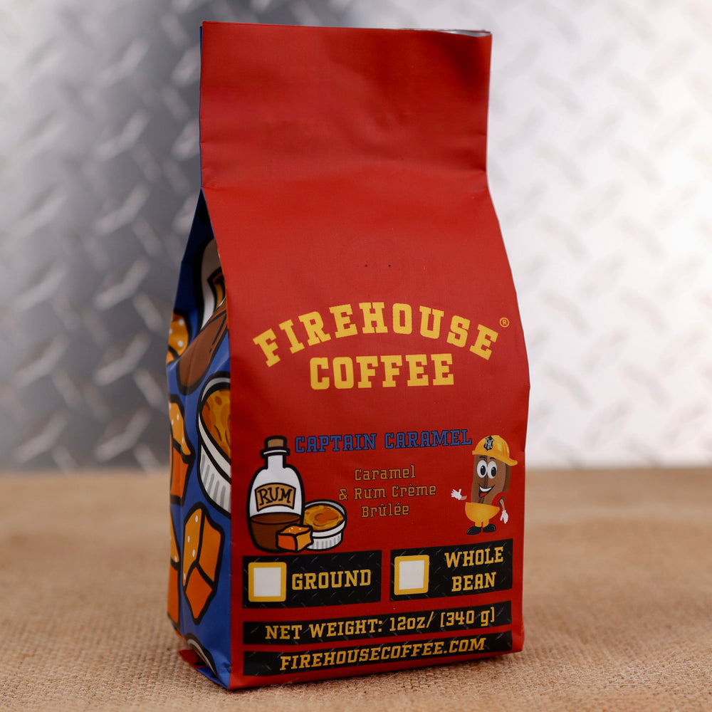 Captain Caramel™ firefighter-inspired packaging for Caramel and Rum Crème Brûlée Flavored Coffee.