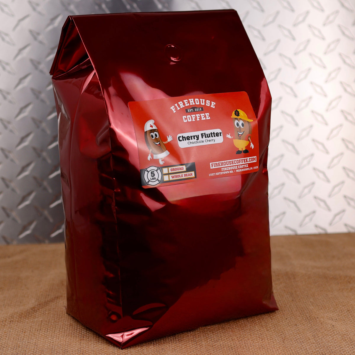 Five-pound bag of Cherry Flutter™ Chocolate Cherry Flavored Coffee from Firehouse Coffee.
