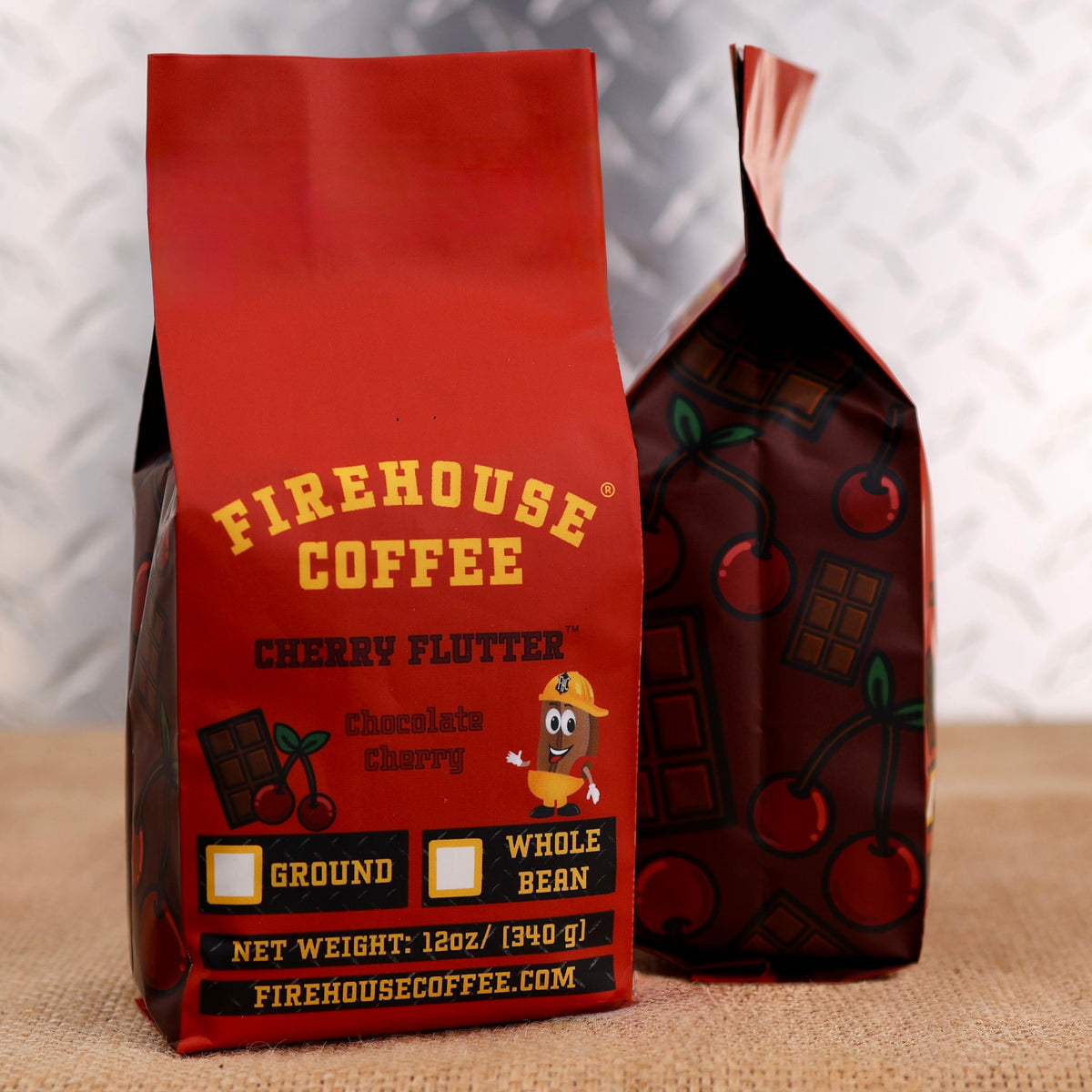 Firehouse Coffee Cherry Flutter gourmet chocolate cherry flavored coffee featuring decadent chocolate and ripe cherry flavors, available in whole bean or ground for your brewing preference.