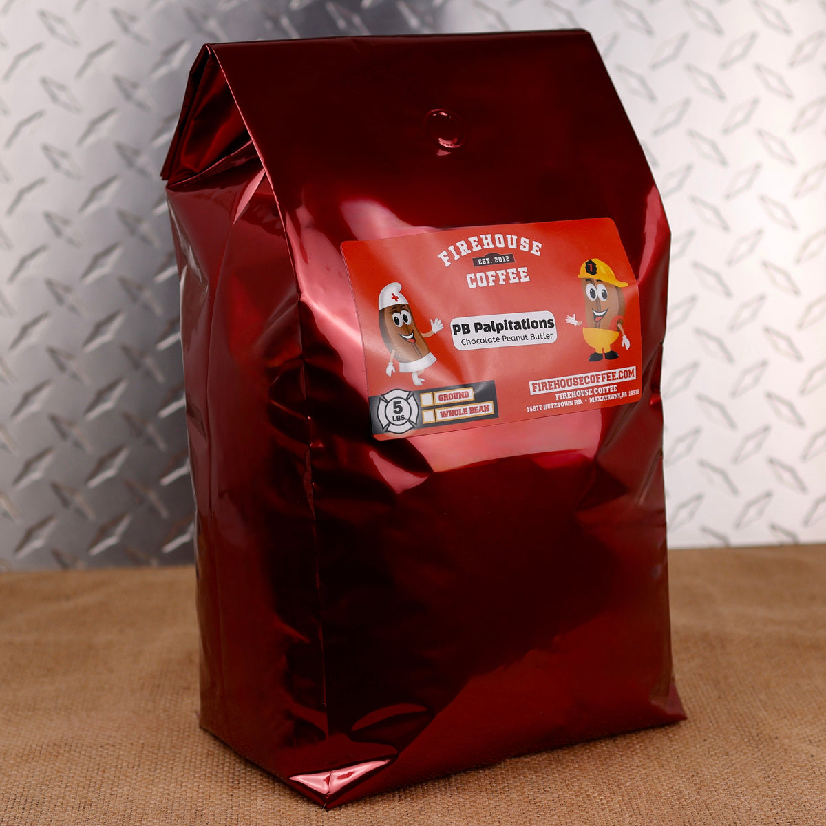 Five-pound bag of PB Palpitations™ Chocolate Peanut Butter Flavored Coffee, available in ground or whole bean.