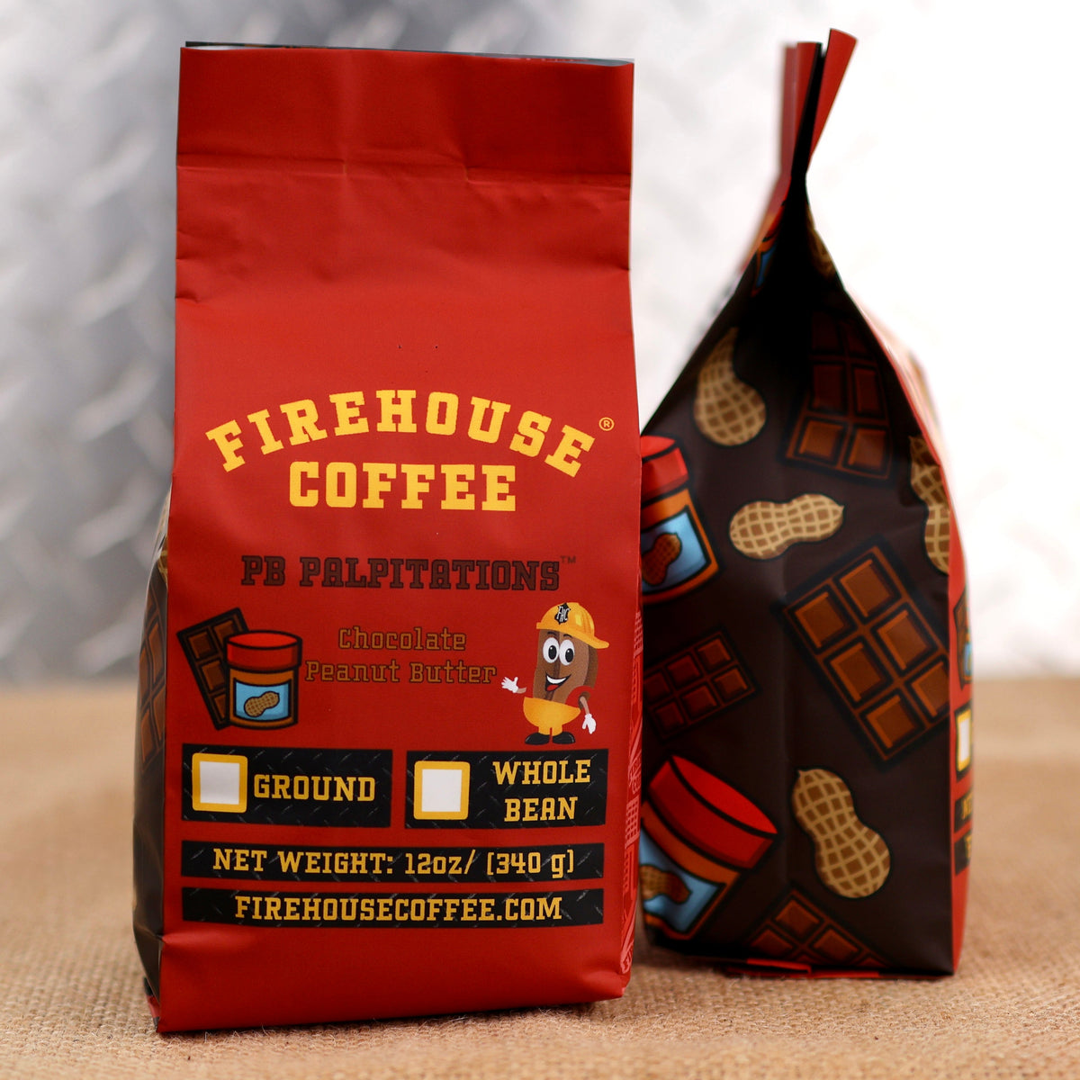 Firehouse Coffee package with a chocolate peanut butter flavor description on a fire engine red background