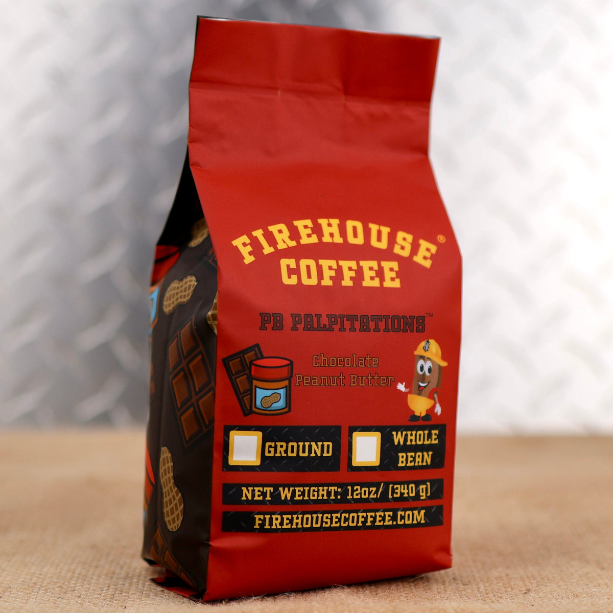 PB Palpitations™ Chocolate Peanut Butter Flavored Coffee by Firehouse Coffee, available in ground or whole bean.