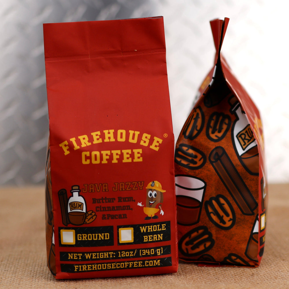 Firehouse Coffee Java Jazzy Coffee – premium butter rum, cinnamon, and pecan flavored coffee available in whole bean or ground, freshly roasted and packaged in a 12 oz bag.