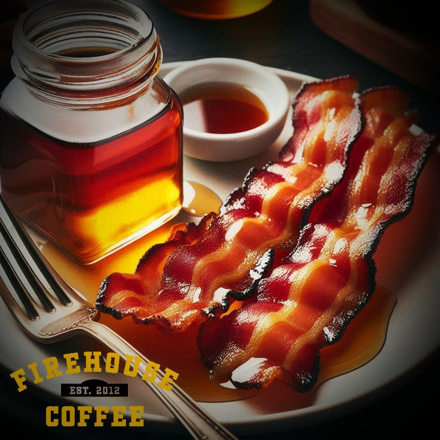 Slices of bacon and maple syrup