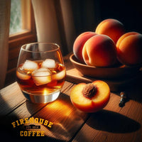 Glass of brandy, a peach slice, and a bowl of peaches