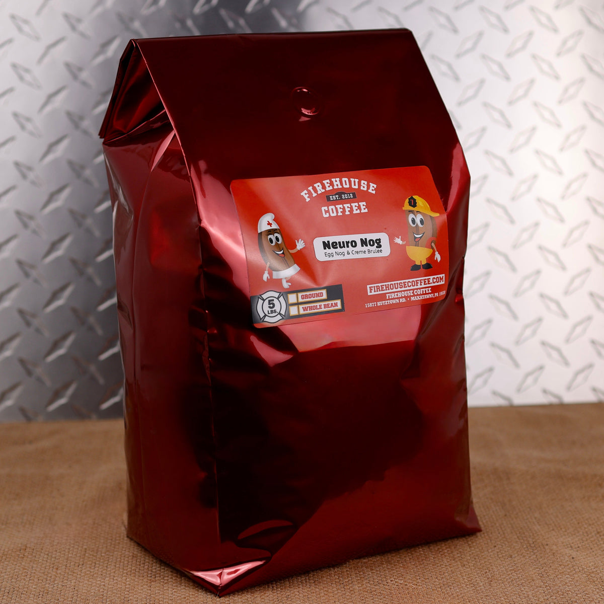 Firehouse Coffee Neuro Nog Egg Nog & Crème Brûlée Flavored Coffee in a 5 lb bag, freshly roasted gourmet coffee with decadent egg nog, creamy crème brûlée, vanilla custard, caramelized sugar, cinnamon, and nutmeg flavors. Available in whole bean or ground, this premium holiday coffee is perfect for homes, offices, cafés, restaurants, and coffee lovers looking for a festive seasonal blend.