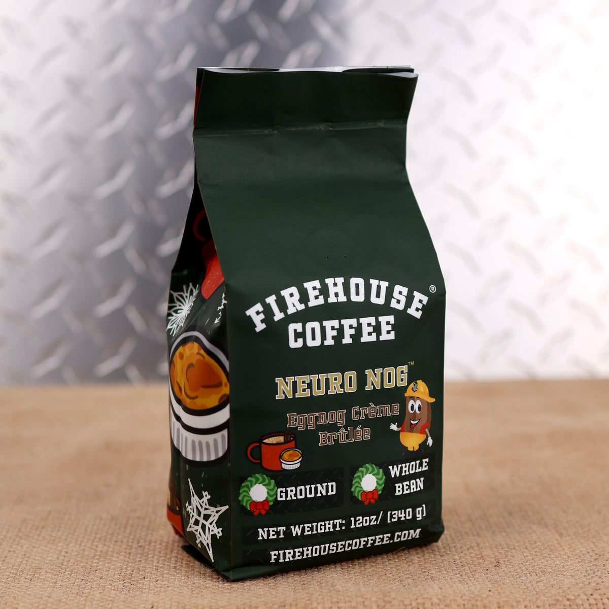 Firehouse Coffee Eggnog Crème Brûlée Flavored Coffee – premium holiday coffee with creamy eggnog, vanilla custard, and caramelized sugar flavors, available in whole bean or ground coffee.