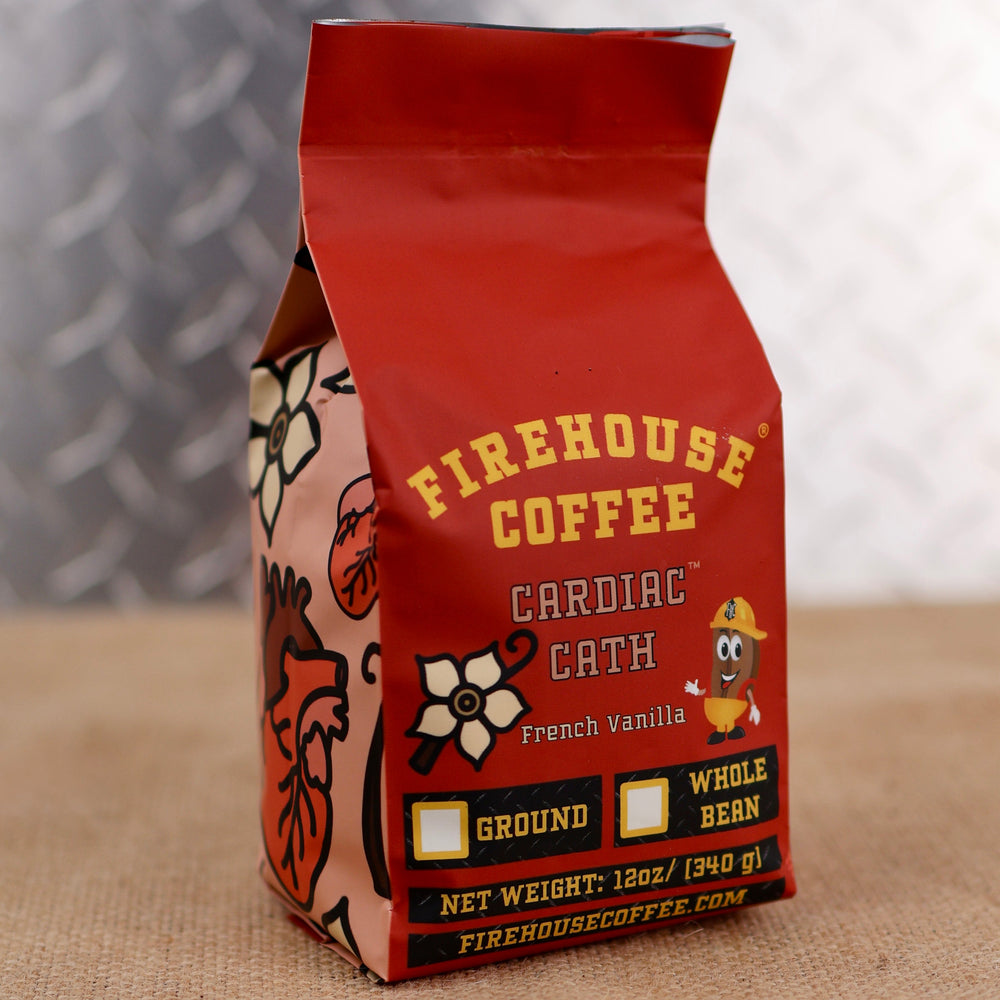Cardiac Cath™ French Vanilla Coffee packaging inspired by cardiology and cardiac catheterization.