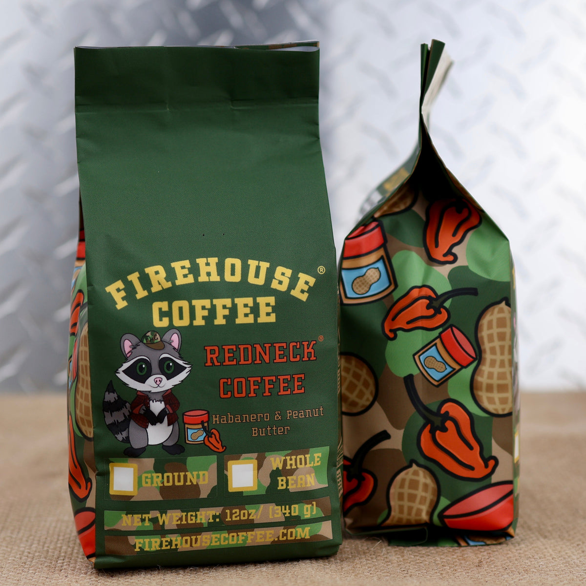 Redneck Coffee – unique habanero and peanut butter flavored coffee with sweet, nutty, and spicy notes, available in whole bean or ground coffee in a 12 oz bag.