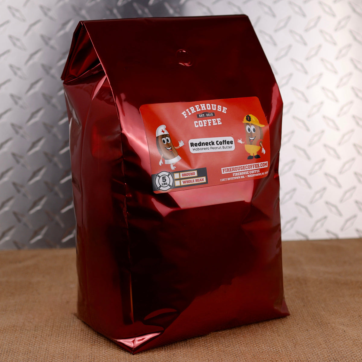 Firehouse Coffee Redneck Habanero Peanut Butter Flavored Coffee in a 5 lb bag, featuring a bold blend of creamy peanut butter and spicy habanero flavors. Freshly roasted gourmet coffee available in whole bean or ground, packaged in a glossy red bag with Firehouse Coffee's signature first responder-themed label.