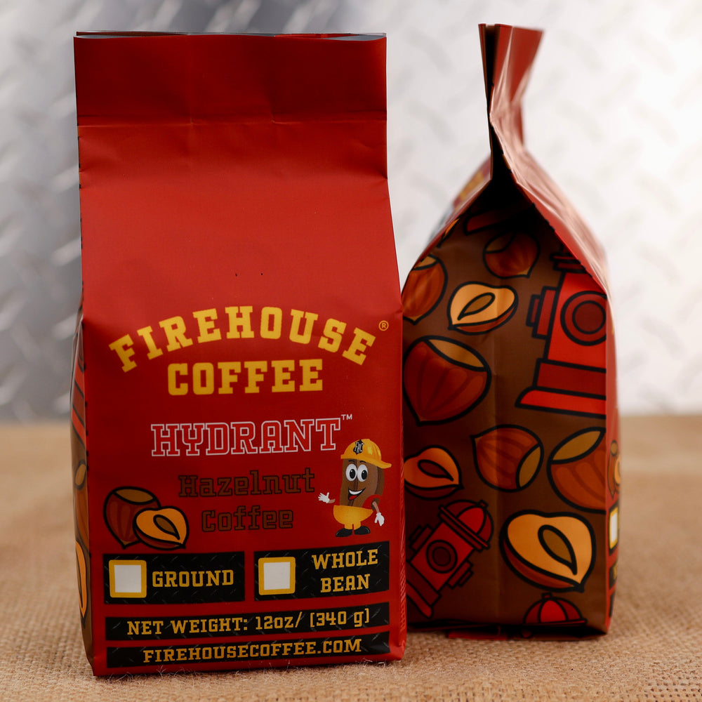 Firehouse Coffee Hydrant Hazelnut Flavored Coffee – smooth and nutty hazelnut flavored coffee available in whole bean or ground, freshly roasted and packaged in a premium 12 oz bag.