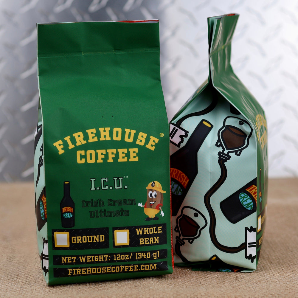 Firehouse Coffee Irish Cream Flavored Coffee – smooth, rich Irish cream flavored coffee available in whole bean or ground, packaged in a premium 12 oz bag.